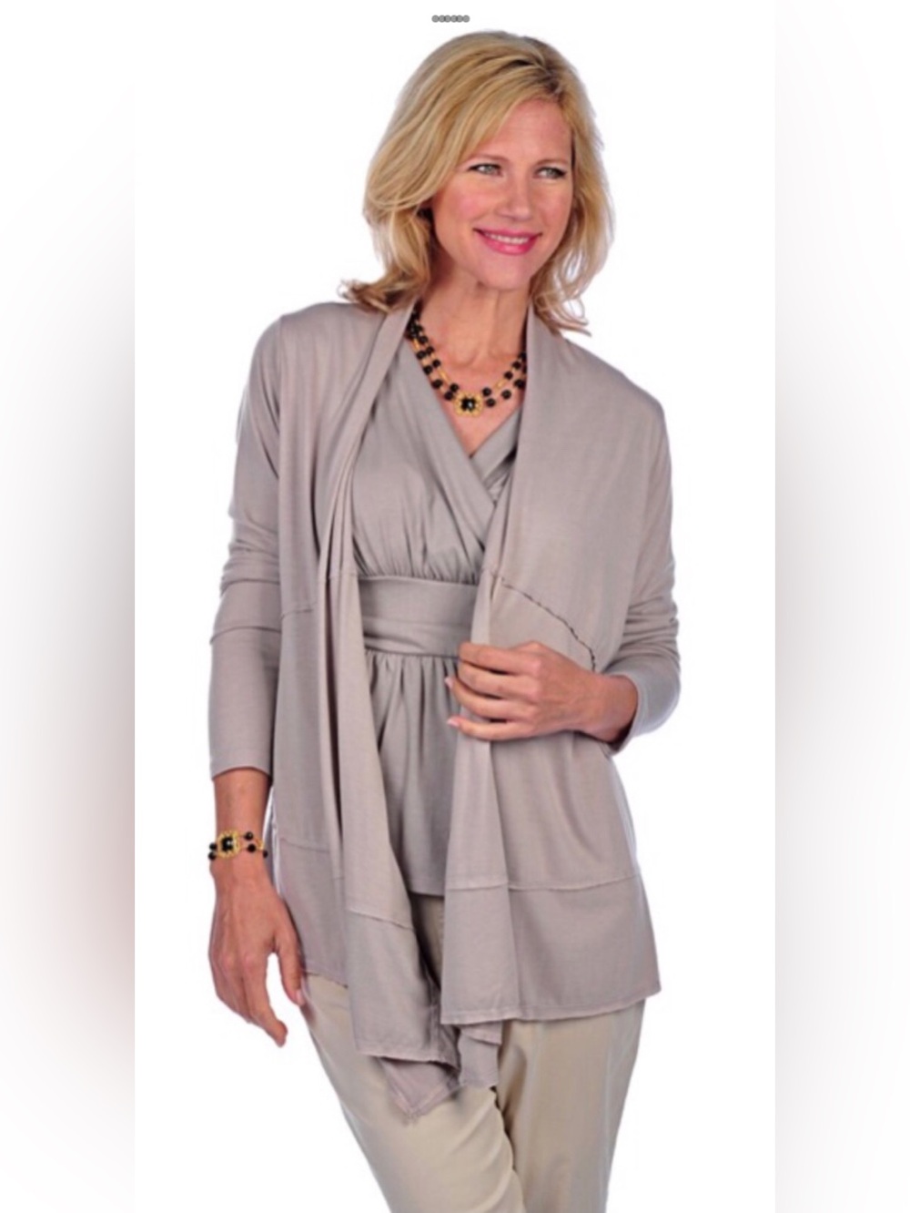 DKR Apparel Cut & Sew Draped Shrug with Raw Edging-Taupe